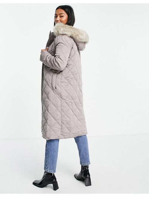 Ever New Petite belted quilted puffer coat with faux fur hood trim in mink