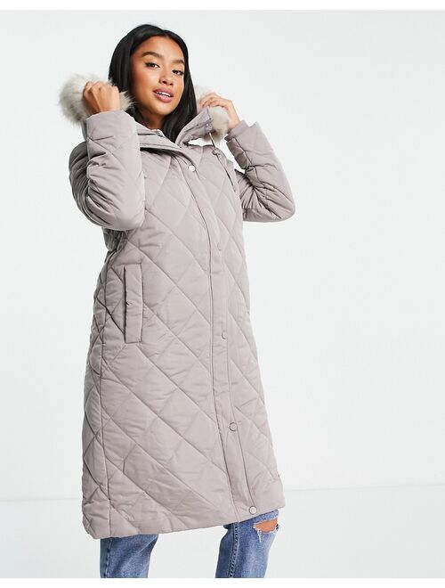 Ever New Petite belted quilted puffer coat with faux fur hood trim in mink