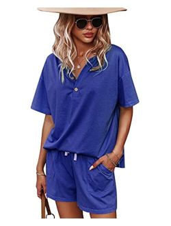 ADDHEAT Women's Short Sleeve Sweatsuits: 2 Piece Casual Outfit Sets with Pockets