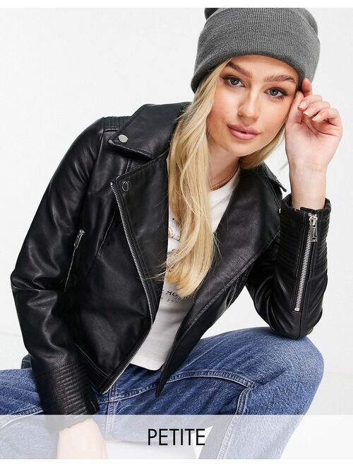 Miss Selfridge Petite faux leather biker jacket in black