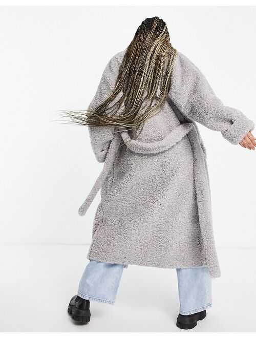 Asos Design bonded shearling trench coat in gray