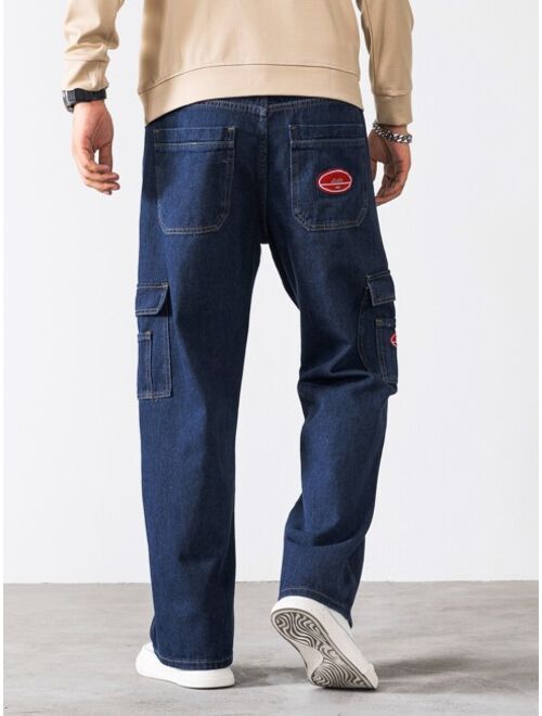 Shein Men Embroidery Flap Pockets Cargo Jeans