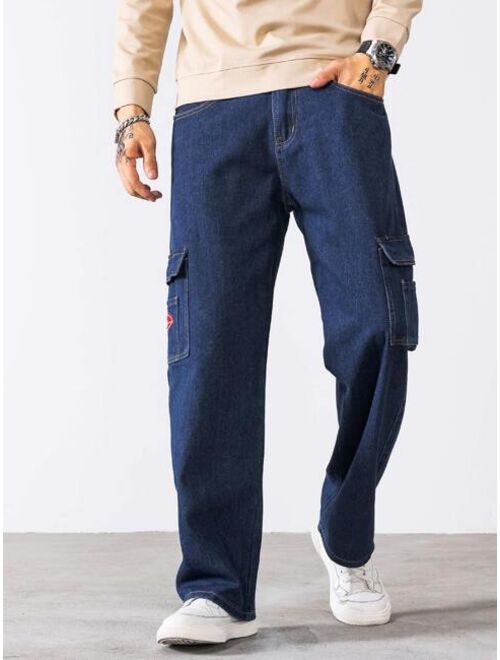 Shein Men Embroidery Flap Pockets Cargo Jeans