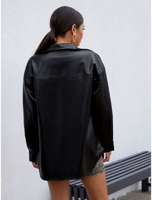 SHEIN Flap Pocket Front Drop Shoulder PU Leather Coat