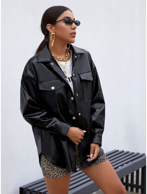 SHEIN Flap Pocket Front Drop Shoulder PU Leather Coat