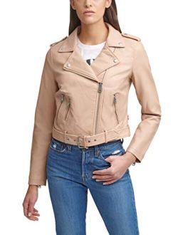 Women's Faux Leather Belted Motorcycle Jacket (Standard and Plus Sizes)