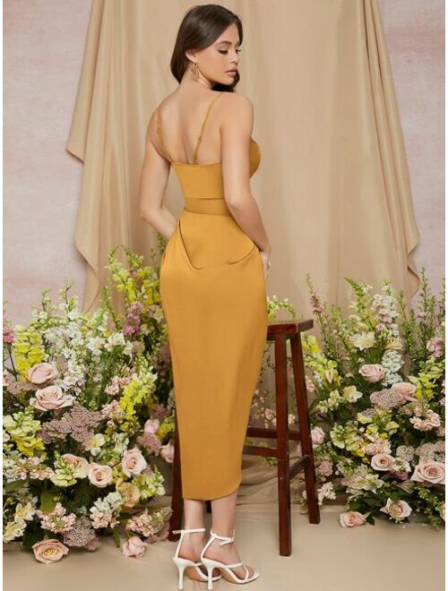 SHEIN Ruched Asymmetrical Hem Solid Dress