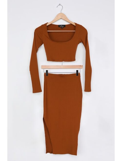 Lulus Best Babe Rust Orange Ribbed Two-Piece Midi Dress