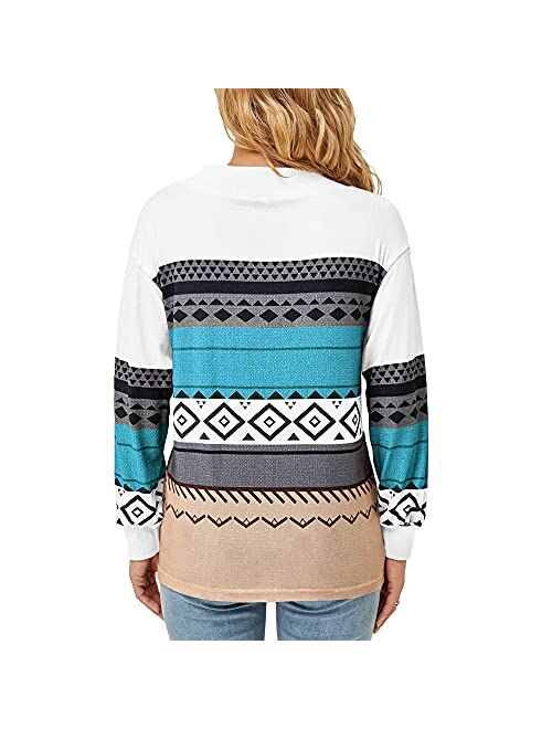 Genayge Women's Ethnic Geometric Shirt Tops V Neck Long Sleeve Blouse Casual Fall Pullover