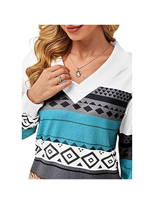 Genayge Women's Ethnic Geometric Shirt Tops V Neck Long Sleeve Blouse Casual Fall Pullover