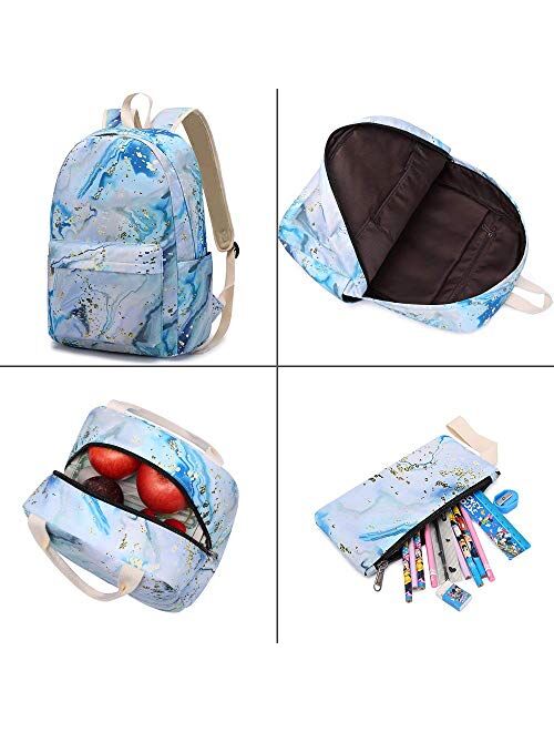 BLUBOON Teen Girls School Backpack Kids Bookbag Set with Lunch Box Pencil Case Travel Laptop Backpack Casual Daypacks (Blue-white)