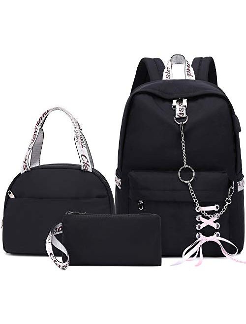Hey Yoo School Backpack for Girls Women Children Kids Backpack School Bag Bookbag Set with Lunch Bag for Teen Girl (Black)