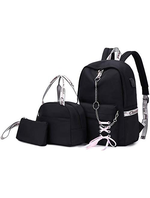 Hey Yoo School Backpack for Girls Women Children Kids Backpack School Bag Bookbag Set with Lunch Bag for Teen Girl (Black)