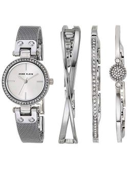 Women's Premium Crystal Accented Silver-Tone Mesh Bracelet Watch and Bangle Set, AK/3389SVST