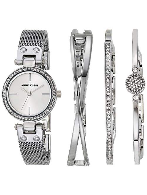 Anne Klein Women's Premium Crystal Accented Silver-Tone Mesh Bracelet Watch and Bangle Set, AK/3389SVST