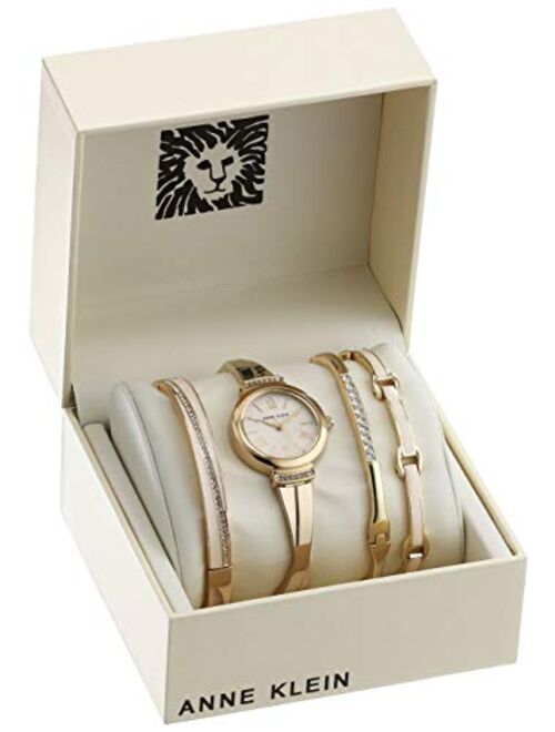 Anne Klein Women's Premium Crystal Accented Blush Pink and Gold-Tone Bangle Watch Set, AK/3414BHST