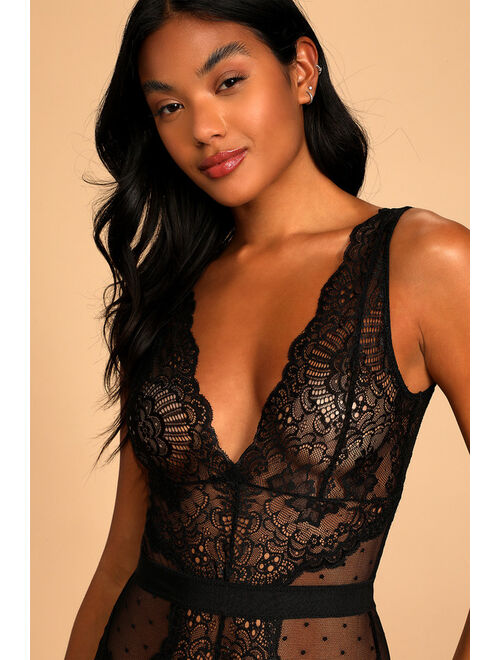 Lulus Caught Those Feelings Black Dotted Lace Sheer Bodysuit