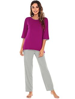 Women's 3/4 Sleeves Top with Pants Scoop Neck Sleepwear Soft Bamboo Lightweight Pjs Plus Size Pajama Set S-4X