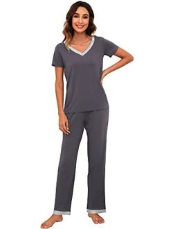 Womens Bamboo Pajama Sets Soft V Neck Sleepwear Short Sleeves Top with Pants Pjs Lightweight Loungewear S-3X