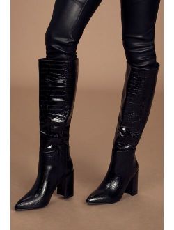 Katari Black Croc Pointed-Toe Knee High Boots