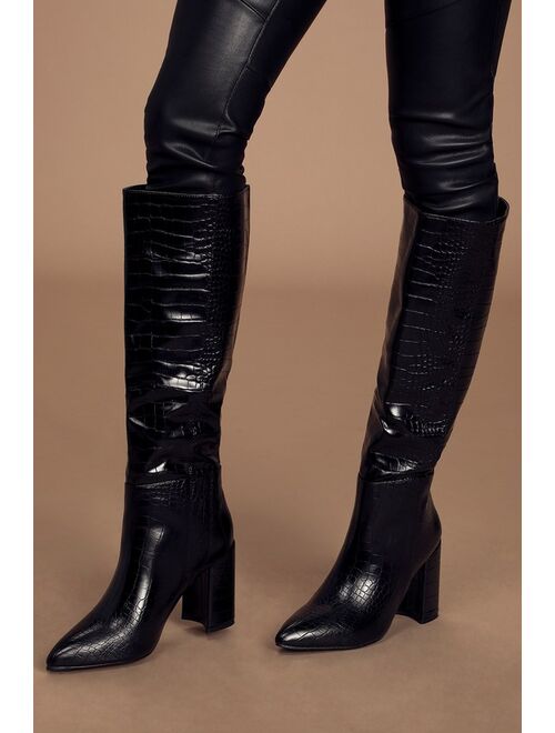Lulus Katari Black Croc Pointed-Toe Knee High Boots