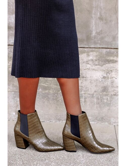 Lulus Cecy Khaki Croc Pointed Toe Ankle Boots