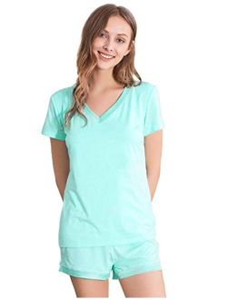 Womens Pajamas Set Soft Bamboo Pjs Nightwear Short Sleeve Top with Shorts Pajama Sets Plus Size Sleepwear S-4X