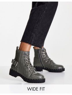 Wide Fit Aura lace up hiker boots in gray croc