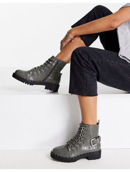 Asos Design Wide Fit Aura lace up hiker boots in gray croc