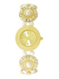 Women's Gold-Tone Crystal & Imitation Pearl Flower Stretch Bracelet Watch 25mm, Created for Macy's