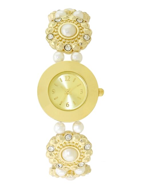 Charter Club Women's Gold-Tone Crystal & Imitation Pearl Flower Stretch Bracelet Watch 25mm, Created for Macy's