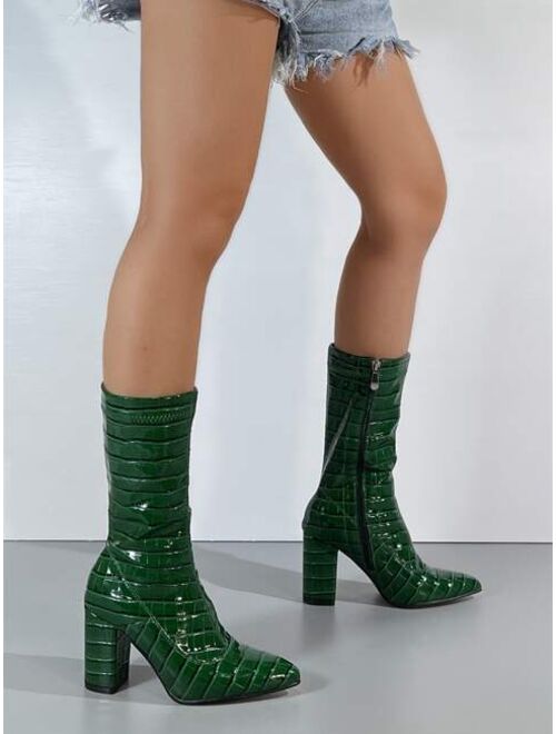 Shein Croc Embossed Chunky Heeled Boots