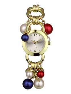 Women's Red, White & Blue Imitation Pearl Charm Gold-Tone Link Bracelet Watch 32mm, Created for Macy's