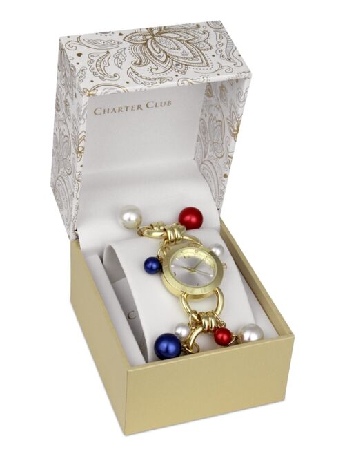Charter Club Women's Red, White & Blue Imitation Pearl Charm Gold-Tone Link Bracelet Watch 32mm, Created for Macy's