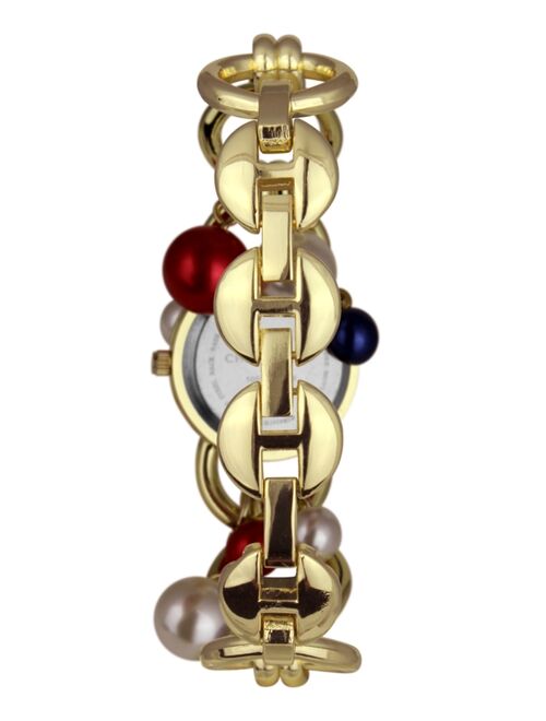 Charter Club Women's Red, White & Blue Imitation Pearl Charm Gold-Tone Link Bracelet Watch 32mm, Created for Macy's