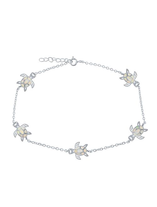 Sterling Silver Lab-Created Opal Sea Turtle Anklet