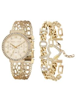 Women's Two-Tone Gold and White Crystal 'Love' Stainless Steel Strap Analog Watch and Bracelet Set 40mm