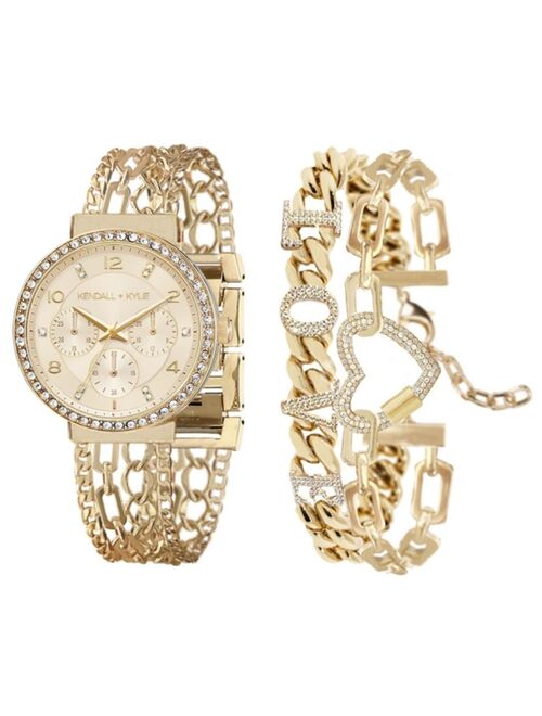 Kendall + Kylie Women's Two-Tone Gold and White Crystal 'Love' Stainless Steel Strap Analog Watch and Bracelet Set 40mm