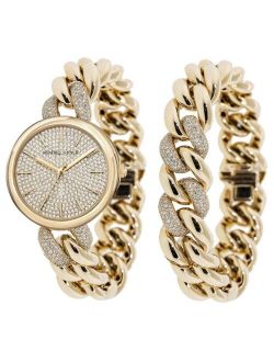 Women's Gold Tone and Crystal Chain Link Stainless Steel Strap Analog Watch and Bracelet Set 40mm