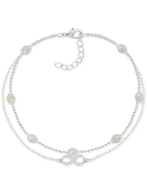 Essentials Imitation Pearl & Crystal Infinity Double Row Ankle Bracelet in Fine Silver-Plate