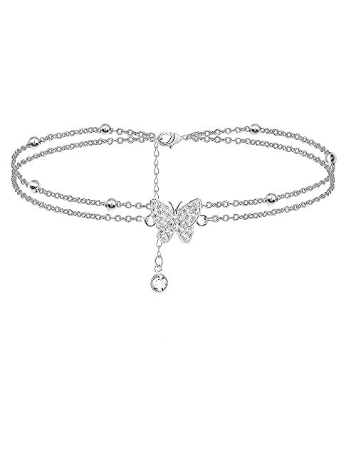 14K Butterfly Silver anklets for Women - Adjustable Layered Women's anklets - Jewelry Anklet Gifts for Women Teen Girls