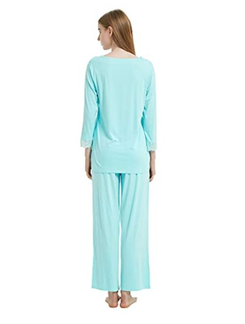 GYS Womens Pajamas Set 3/4 Long Sleeve Sleepwear Bamboo Pjs V Neck Soft Loungewear Set with Lace S-4XL