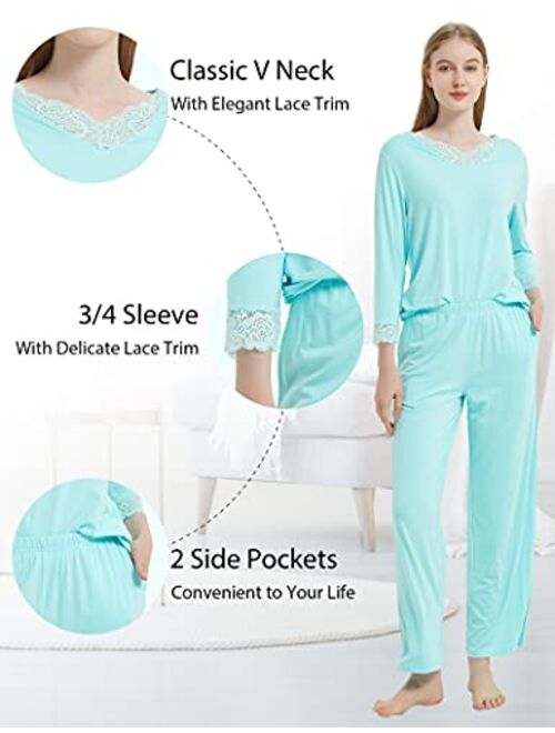 GYS Womens Pajamas Set 3/4 Long Sleeve Sleepwear Bamboo Pjs V Neck Soft Loungewear Set with Lace S-4XL
