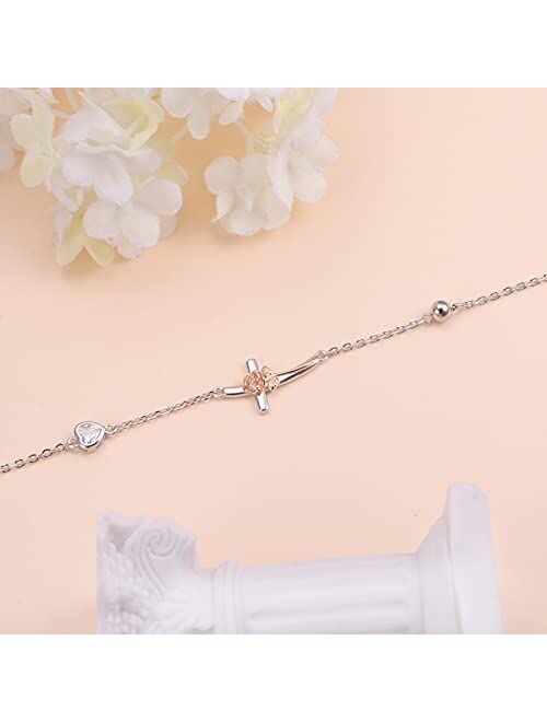 Sterling Silver Sideways Cross Sunflower or Rose Flower Necklace or Anklet for Women