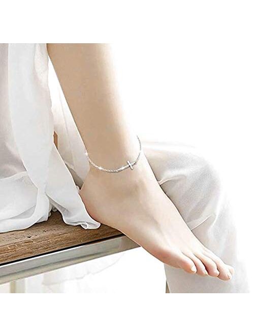 Alphm S925 Sterling Silver Adjustable Foot Evil Eye Starfish Heart Bead Butterfly Celtic Knot Cross Multilayer Layered Anklet for Women