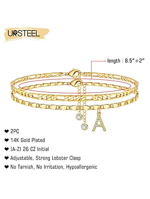 Ursteel Ankle Bracelets for Women, 14K Gold Plated Dainty Layered Figaro Chain CZ Initial Anklets Set Summer Jewelry Gifts for Women Teen Girls