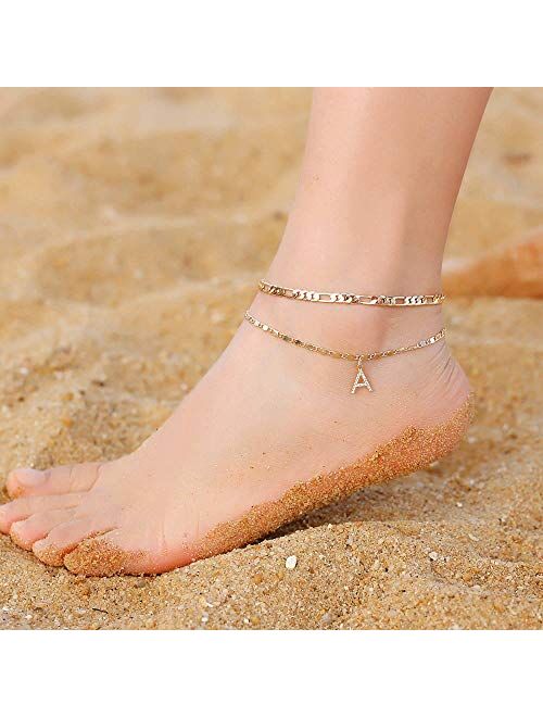 Ursteel Ankle Bracelets for Women, 14K Gold Plated Dainty Layered Figaro Chain CZ Initial Anklets Set Summer Jewelry Gifts for Women Teen Girls