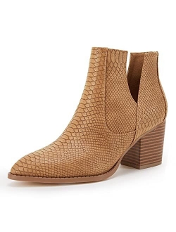 Womens Ankle Boots Slip on Cutout Pointed Toe Snakeskin Chunky Stacked Mid Heel Booties