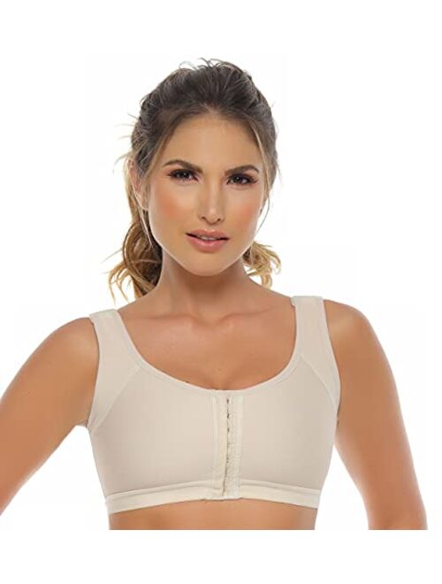 CORALIE Women Post Surgical Support Bra Front Closure Adjustable Straps Wireless Back Posture Corrector (L, BEIGE)