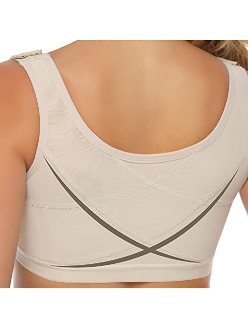 CORALIE Women Post Surgical Support Bra Front Closure Adjustable Straps Wireless Back Posture Corrector (L, BEIGE)